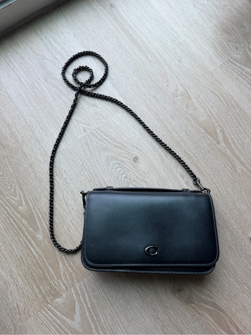 Coach Black Leather Crossbody with Gunmetal Chain